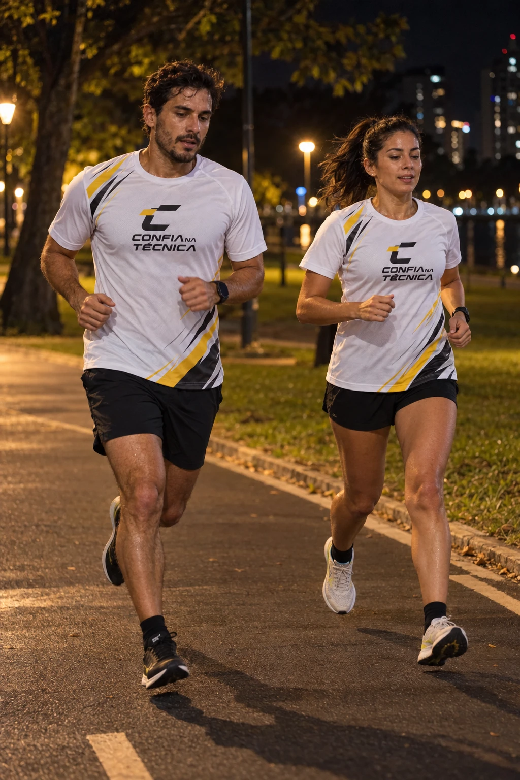 Dois atletas correndo à noite com a camisa branca da CnT