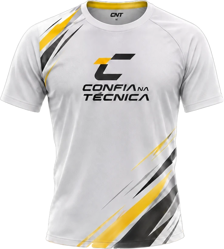 Camisa branca da CnT com as linhas de medida: A, a altura, do ombro junto à gola até a barra; L, a largura, de um lado ao outro logo abaixo das mangas